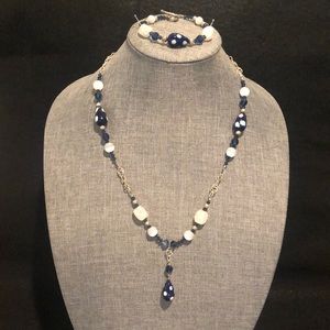 Navy and white necklace w/drop pendant and matching bracelet! 21-24” adjustable.